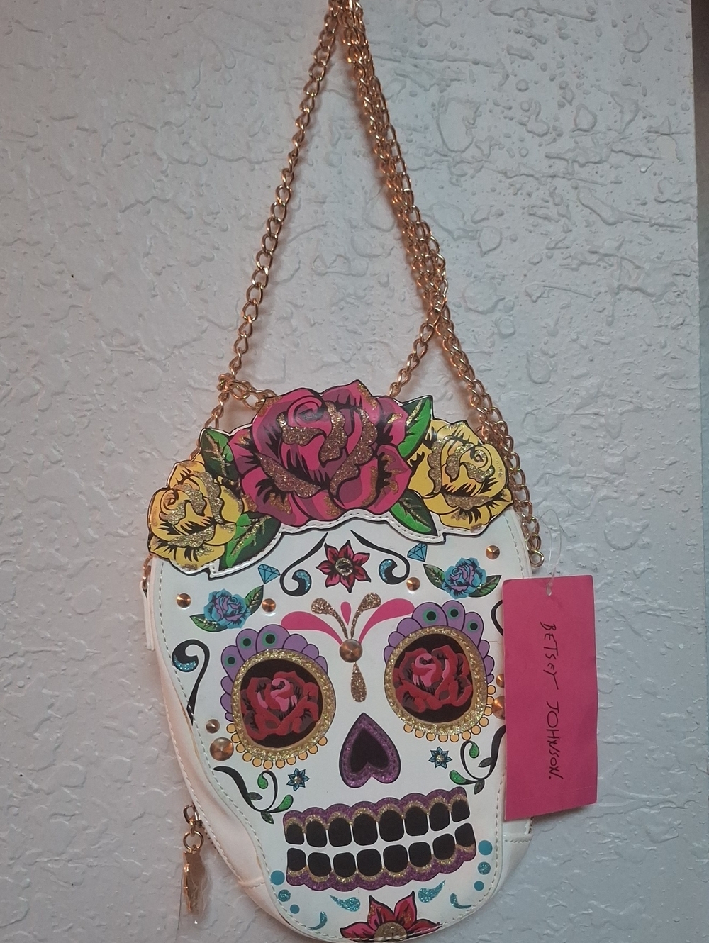 Betsey Johnson White Floral Sugar Skull Crossbody with Gold Chain